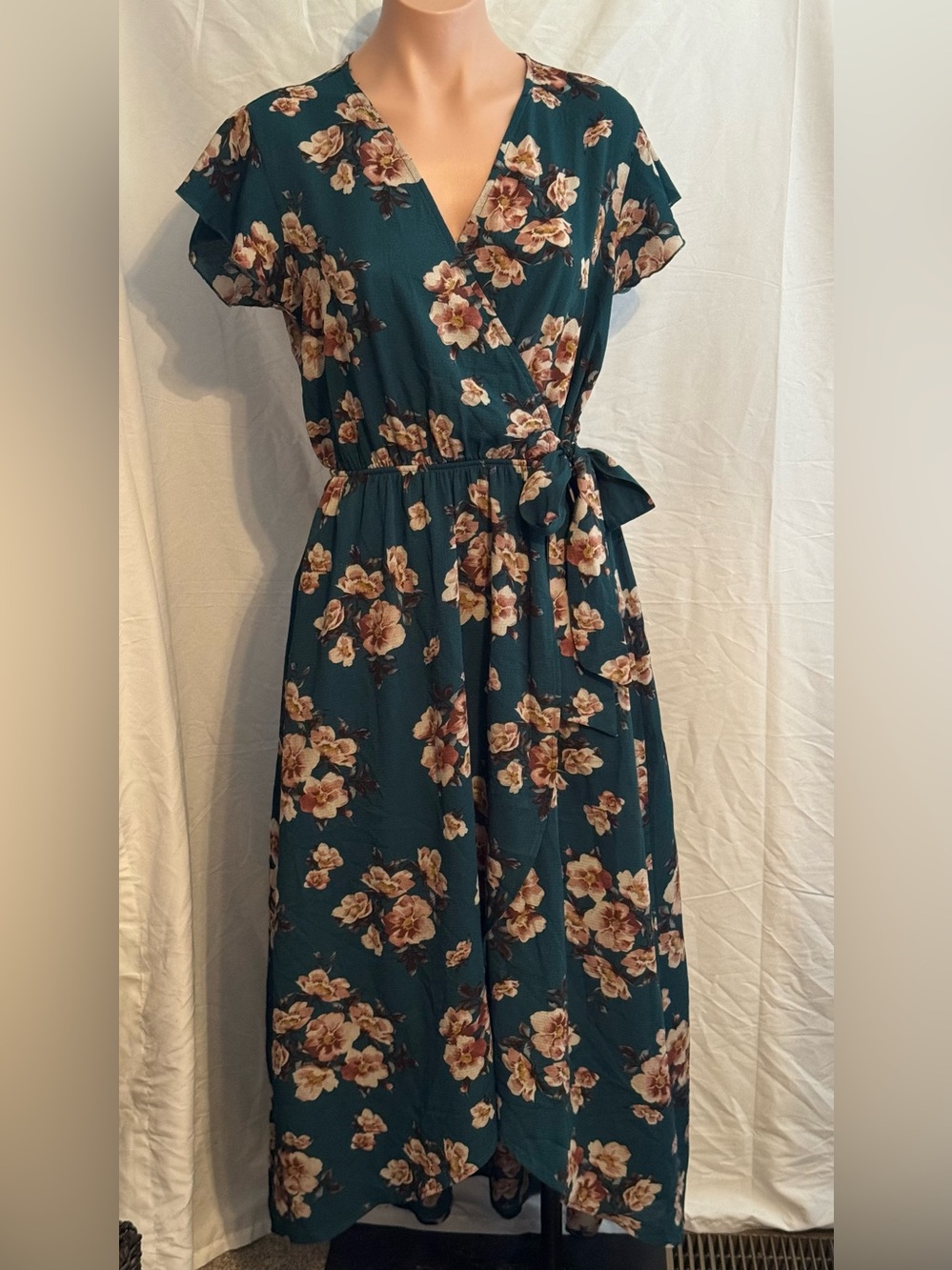 Pretty Teal Floral Wrap Midi Dress L